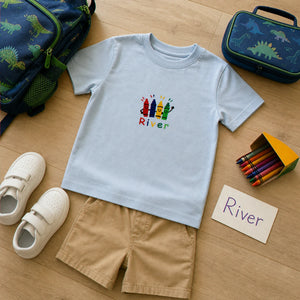 Personalized Kindergarten T-shirt for Back to School - Embroidered Kids Name Tee with Colorful Crayons