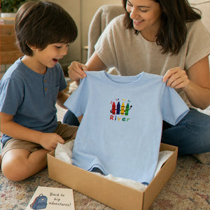 Personalized Kindergarten T-shirt for Back to School - Embroidered Kids Name Tee with Colorful Crayons