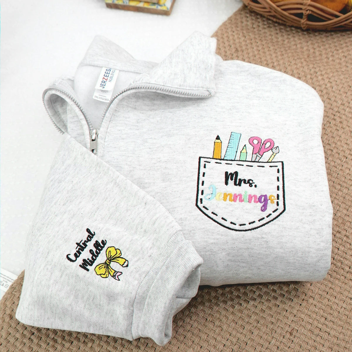 Personalized Kindergarten Teacher Quarter Zip - Embroidered Name & Classroom Supplies Pocket - Teacher Appreciation Gift