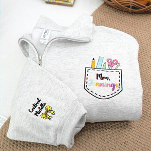 Personalized Kindergarten Teacher Quarter Zip - Embroidered Name & Classroom Supplies Pocket - Teacher Appreciation Gift
