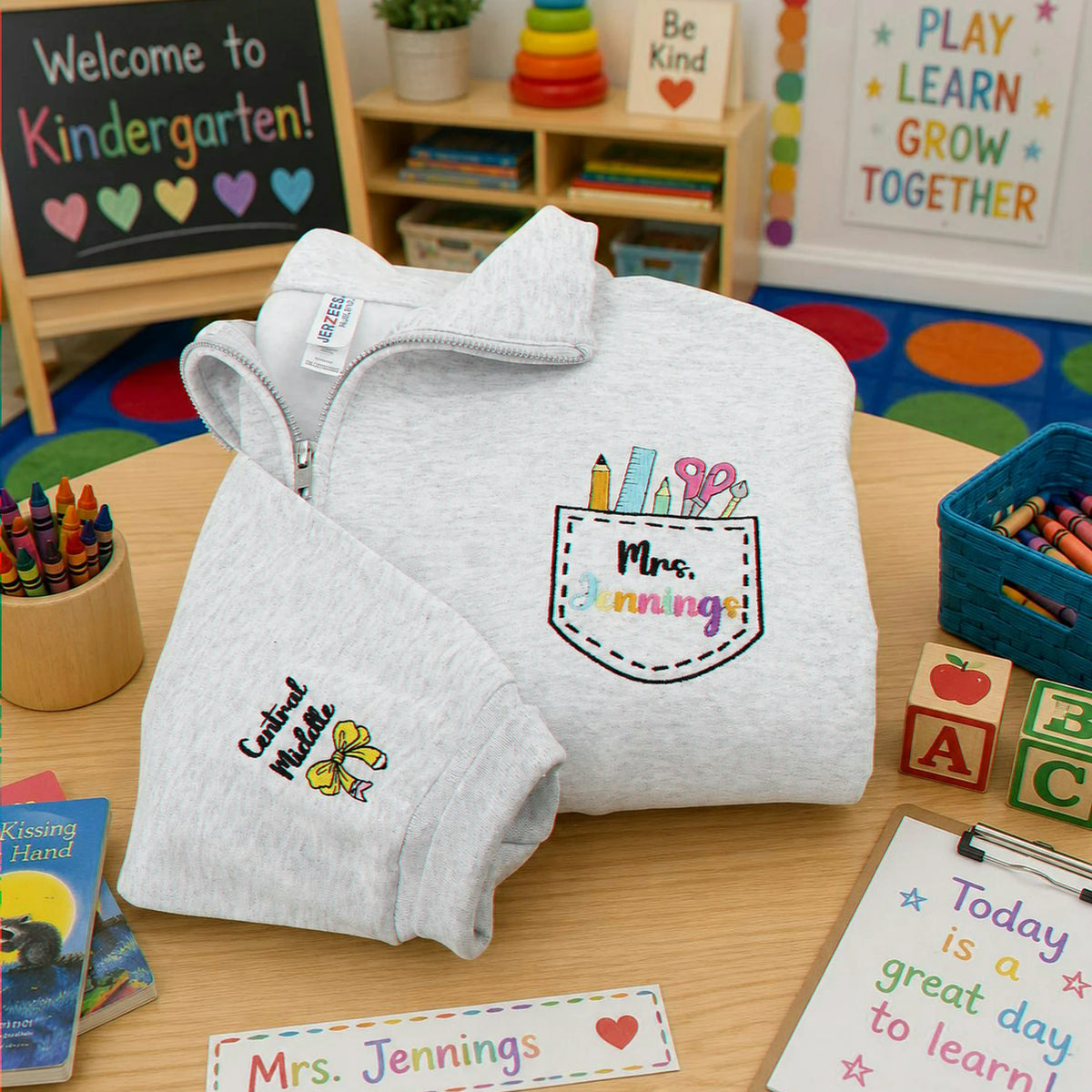 Personalized Kindergarten Teacher Quarter Zip - Embroidered Name & Classroom Supplies Pocket - Teacher Appreciation Gift