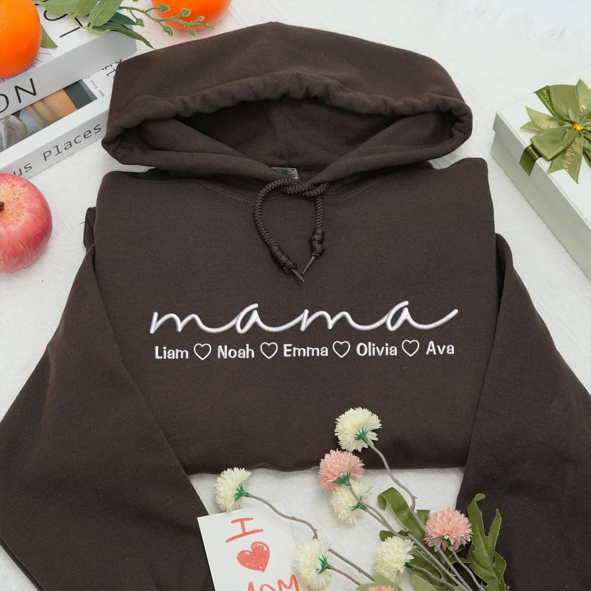 Personalized mama hoodie with kids names embroidered on chest custom gift for mom from husband or children