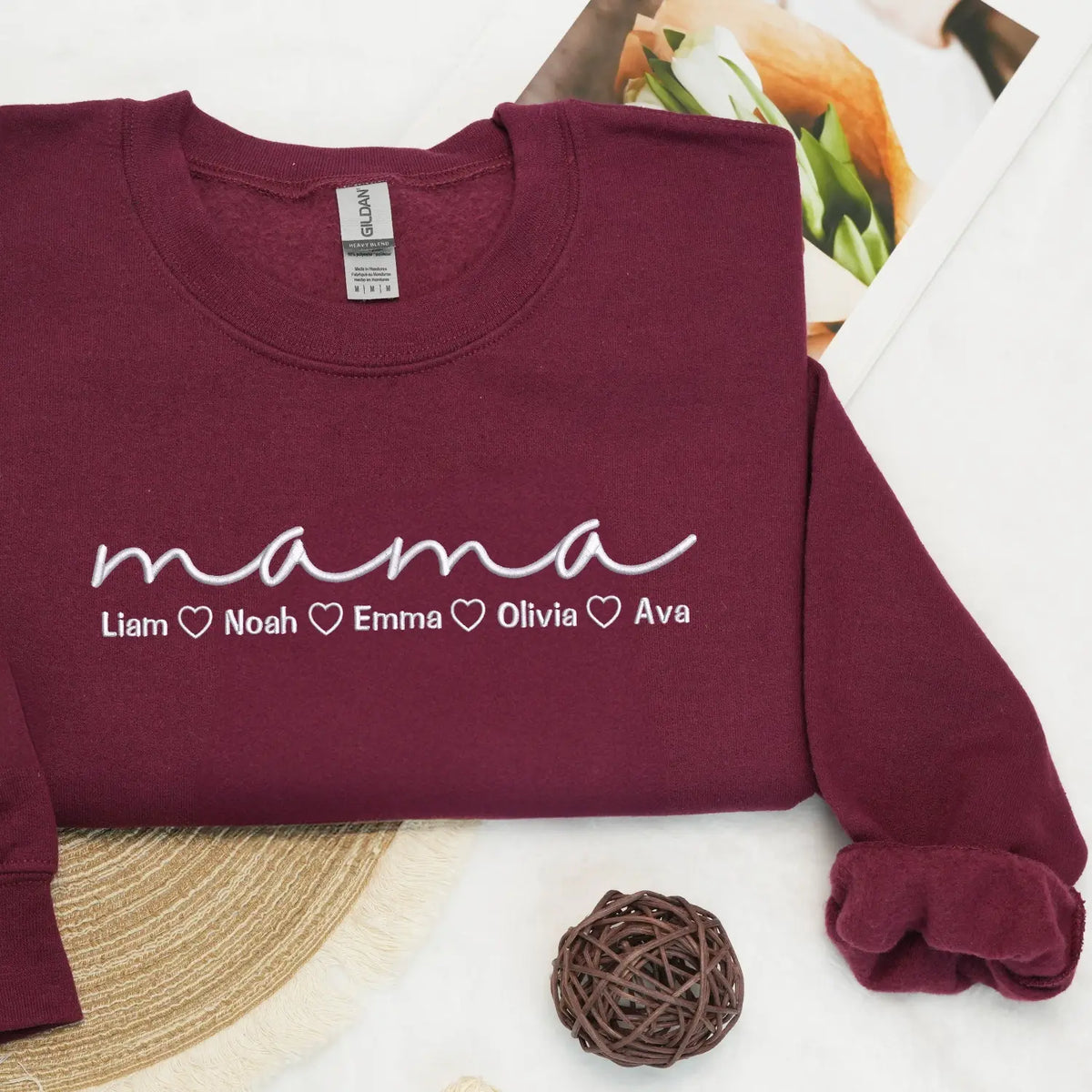 Personalized mama sweatshirt with kids names embroidered on chest custom gift for mom from husband or children