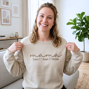 Personalized Mama Sweatshirt with Kids Name on Chest, Embroidered Gift for Mama from Husband to Wife