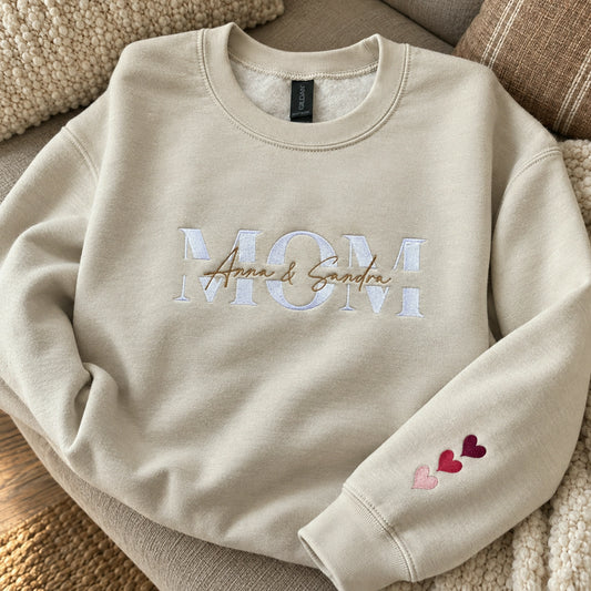 Personalized Mom Sweatshirt with Kids Names on Chest, Embroidered Name Over Text Pullover, Mama Christmas Gift