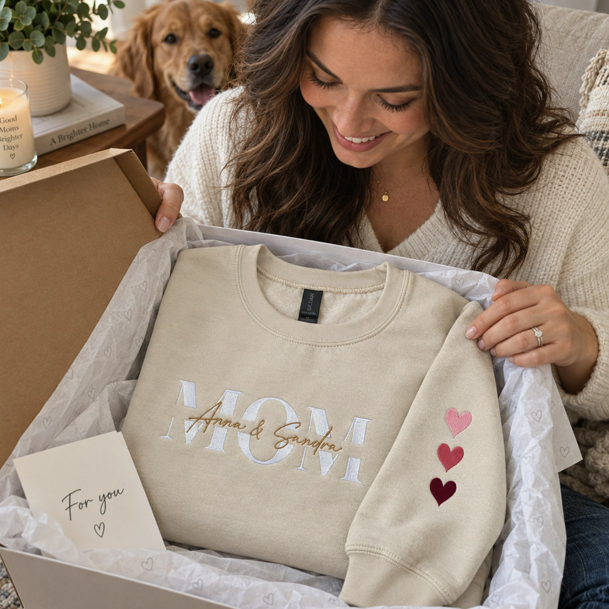 Personalized Mom Sweatshirt with Kids Names on Chest, Embroidered Name Over Text Pullover, Mama Christmas Gift