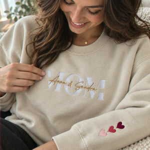 Personalized Mom Sweatshirt with Kids Names on Chest, Embroidered Name Over Text Pullover, Mama Christmas Gift