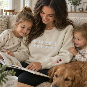 Personalized Mom Sweatshirt with Kids Names on Chest, Embroidered Name Over Text Pullover, Mama Christmas Gift