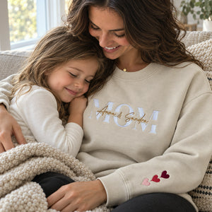 Personalized Mom Sweatshirt with Kids Names on Chest, Embroidered Name Over Text Pullover, Mama Christmas Gift