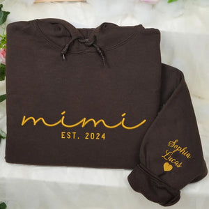 Personalized Mimi sweatshirt with kids names embroidered on sleeve custom grandma gift
