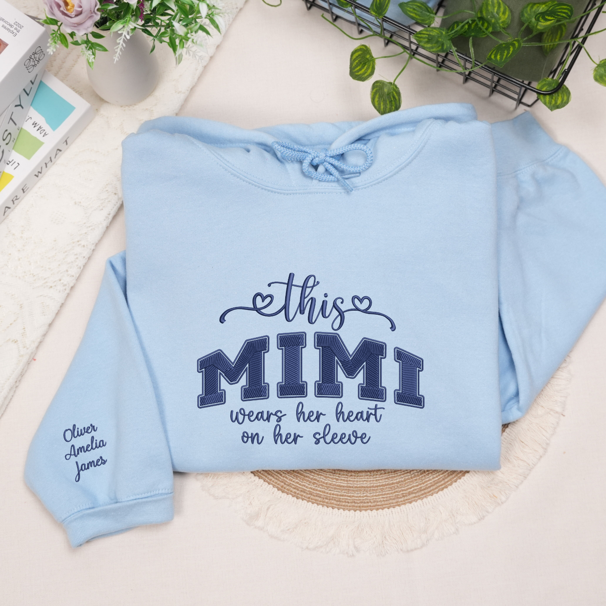 personalized mimi sweatshirt embroidered with grandkids names heart on sleeve design