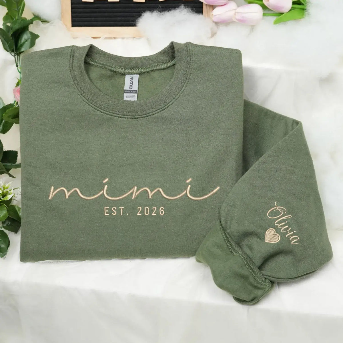 Personalized Mimi sweatshirt with kids names embroidered on sleeve custom grandma gift