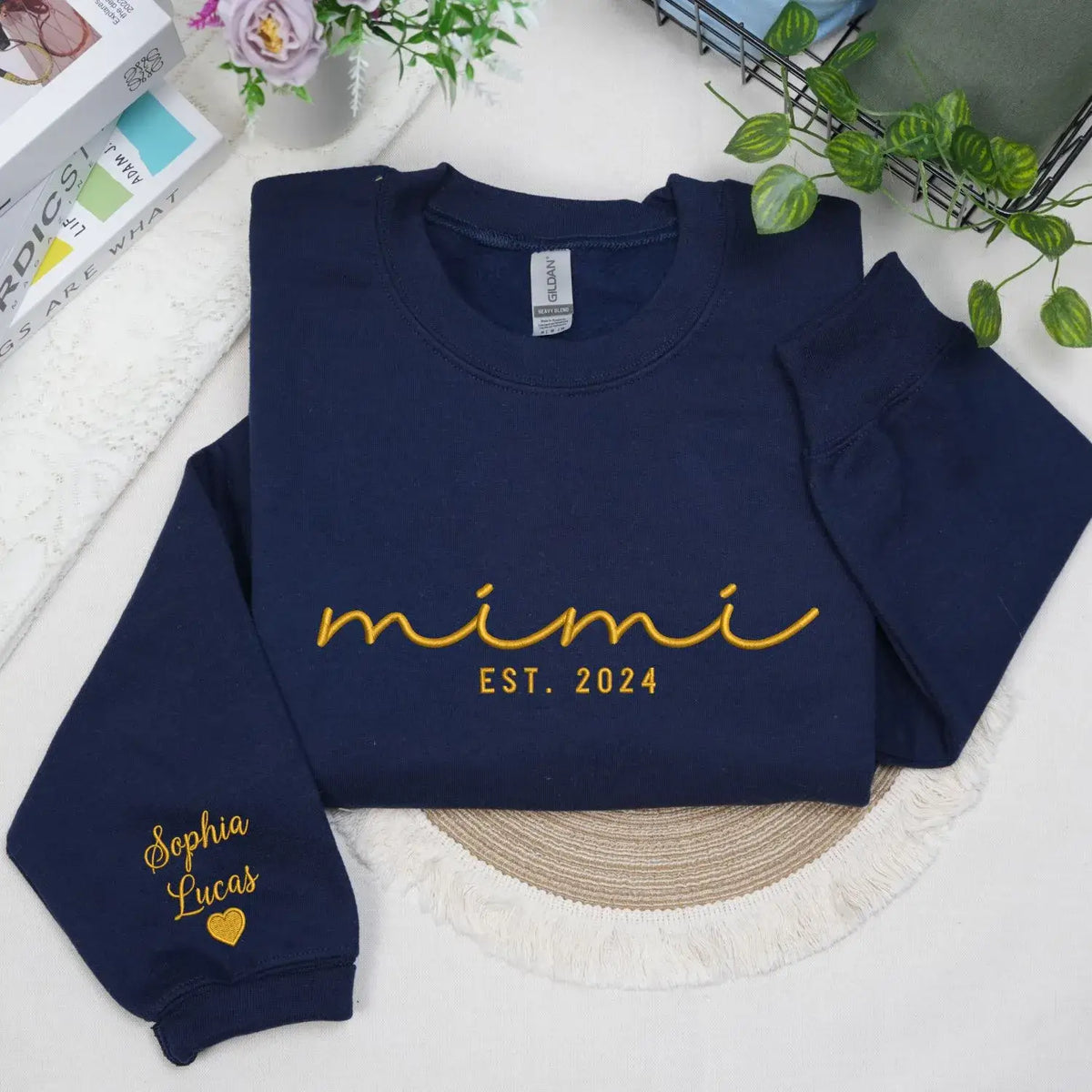 Personalized Mimi sweatshirt with kids names embroidered on sleeve custom grandma gift