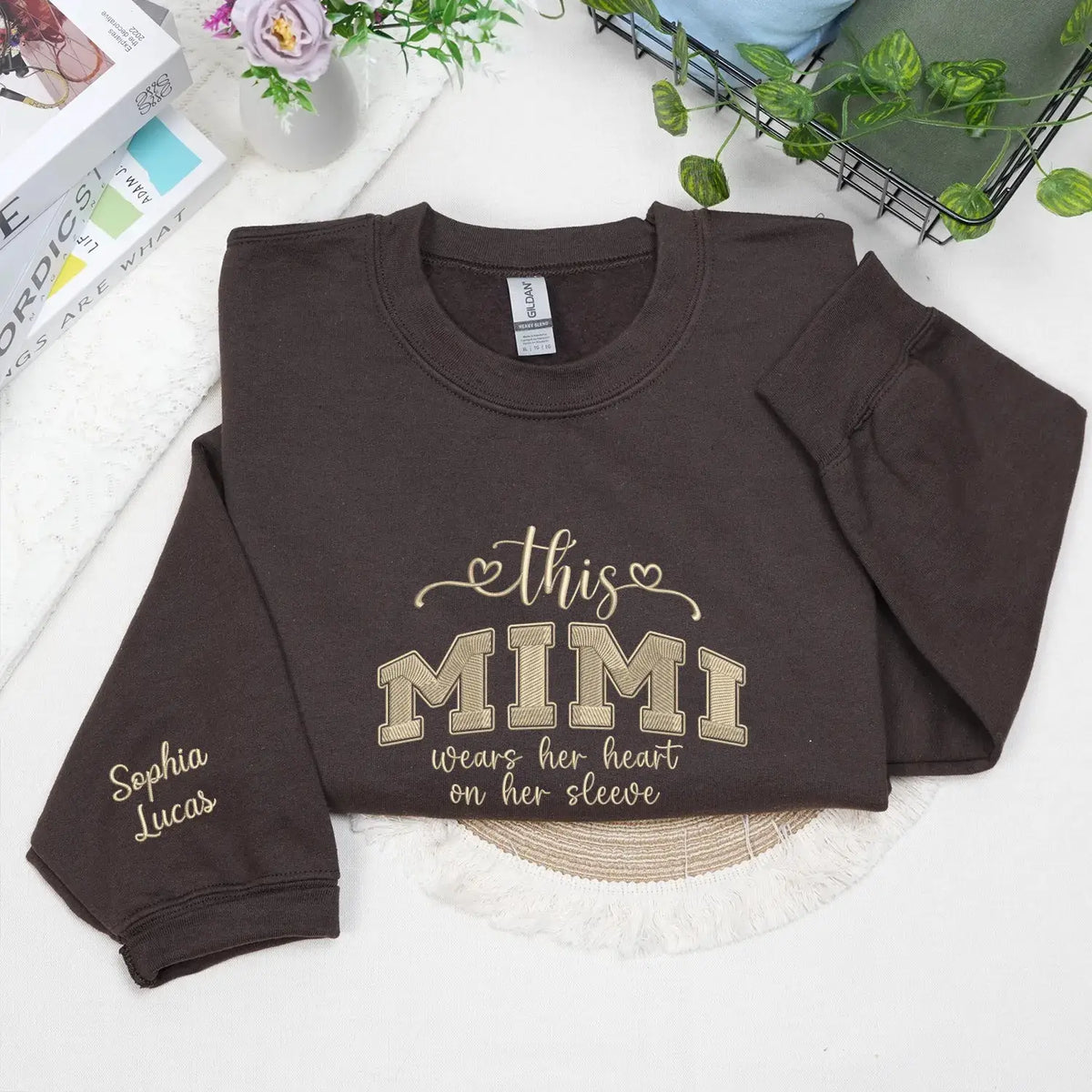 personalized mimi sweatshirt embroidered with grandkids names heart on sleeve design