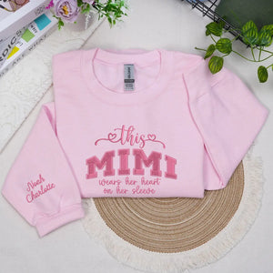personalized mimi sweatshirt embroidered with grandkids names heart on sleeve design