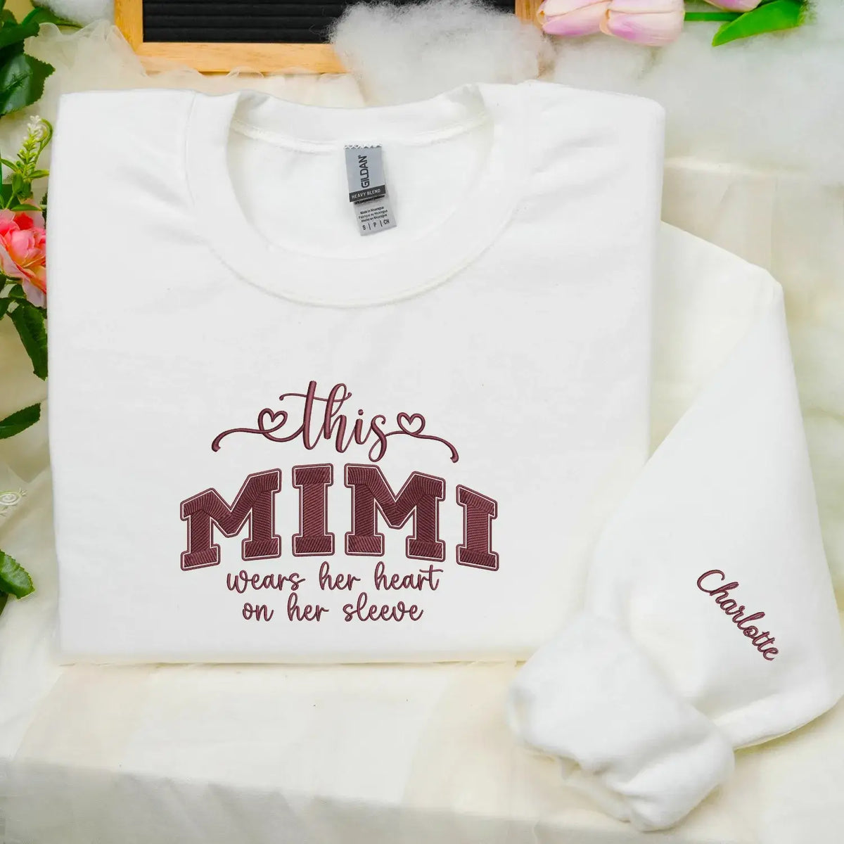 personalized mimi sweatshirt embroidered with grandkids names heart on sleeve design