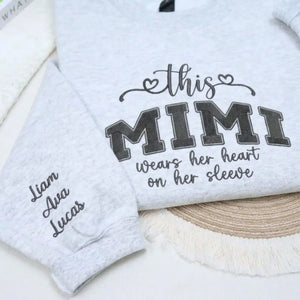 personalized mimi sweatshirt embroidered with grandkids names heart on sleeve design