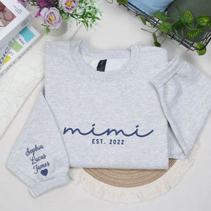 Personalized Mimi sweatshirt with kids names embroidered on sleeve custom grandma gift