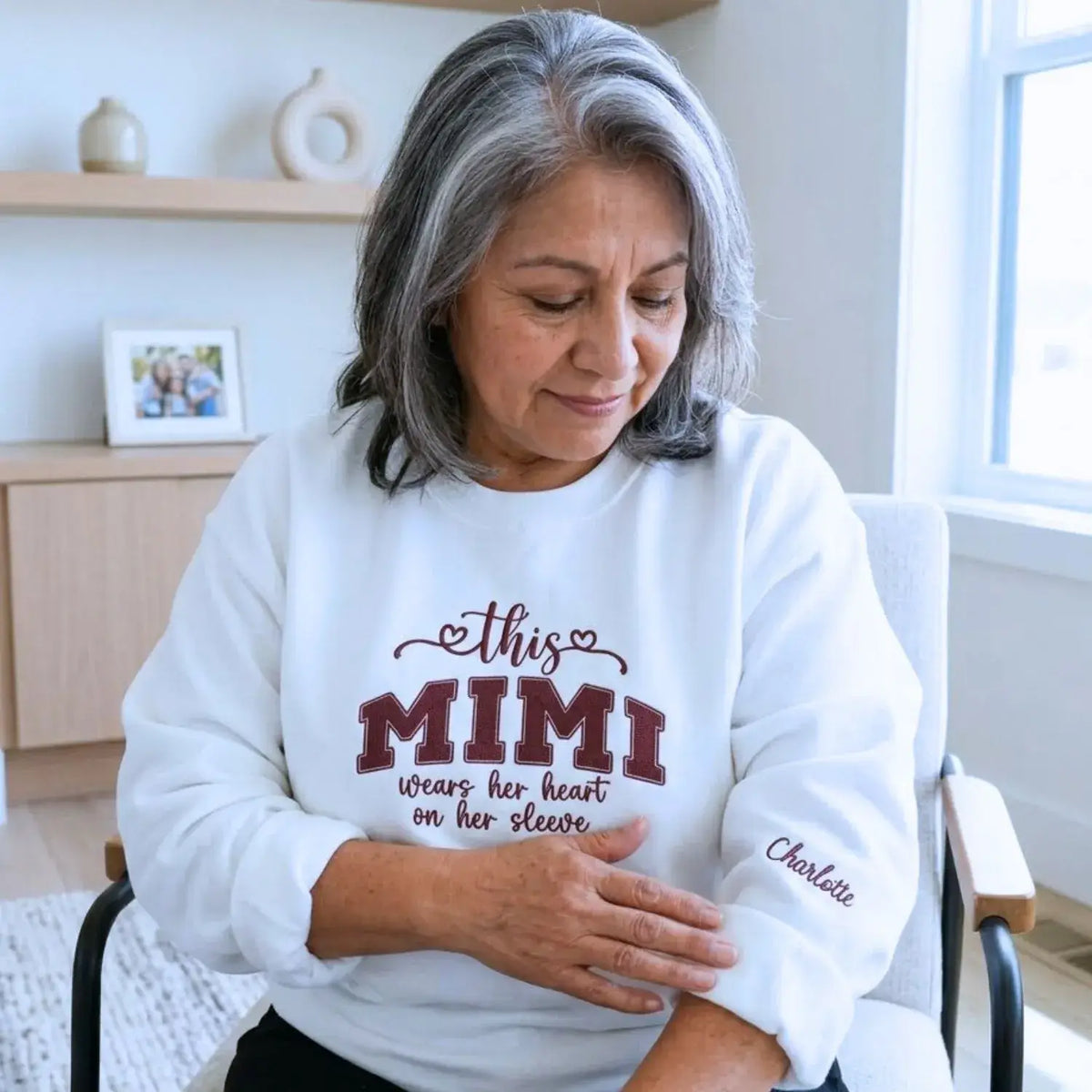 personalized mimi sweatshirt embroidered with grandkids names heart on sleeve design