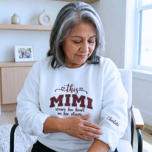 personalized mimi sweatshirt embroidered with grandkids names heart on sleeve design
