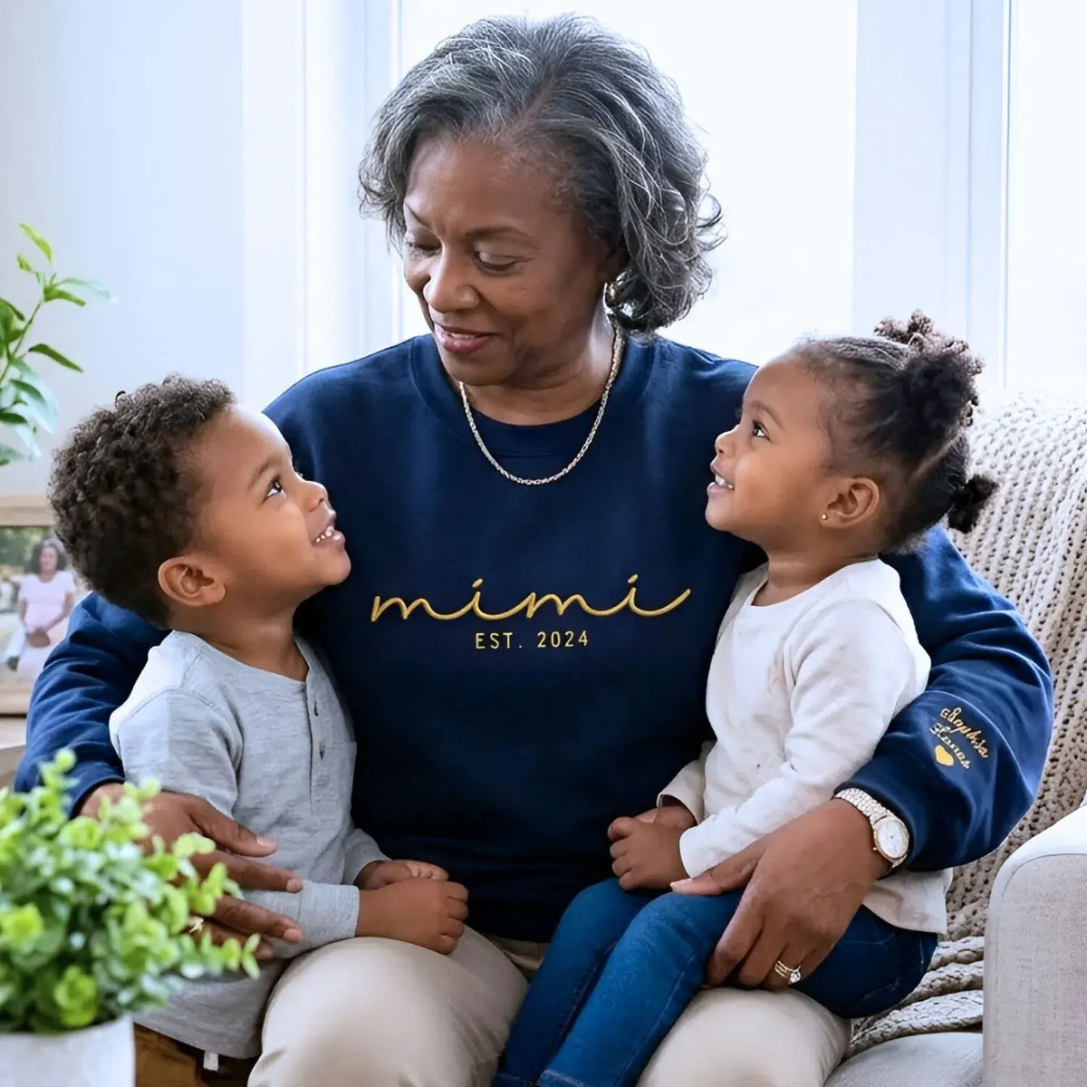 Personalized Mimi sweatshirt with kids names embroidered on sleeve custom grandma gift