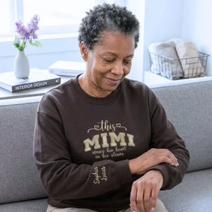 personalized mimi sweatshirt embroidered with grandkids names heart on sleeve design