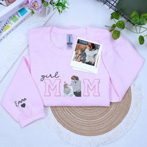Custom embroidered mom hoodie with portrait from photo and kids names design on sweatshirt front detail