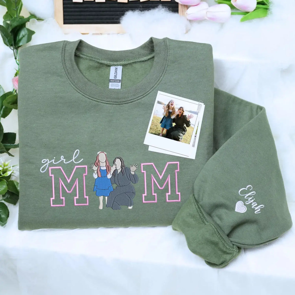 Custom embroidered mom hoodie with portrait from photo and kids names design on sweatshirt front detail