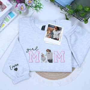 Custom embroidered mom hoodie with portrait from photo and kids names design on sweatshirt front detail