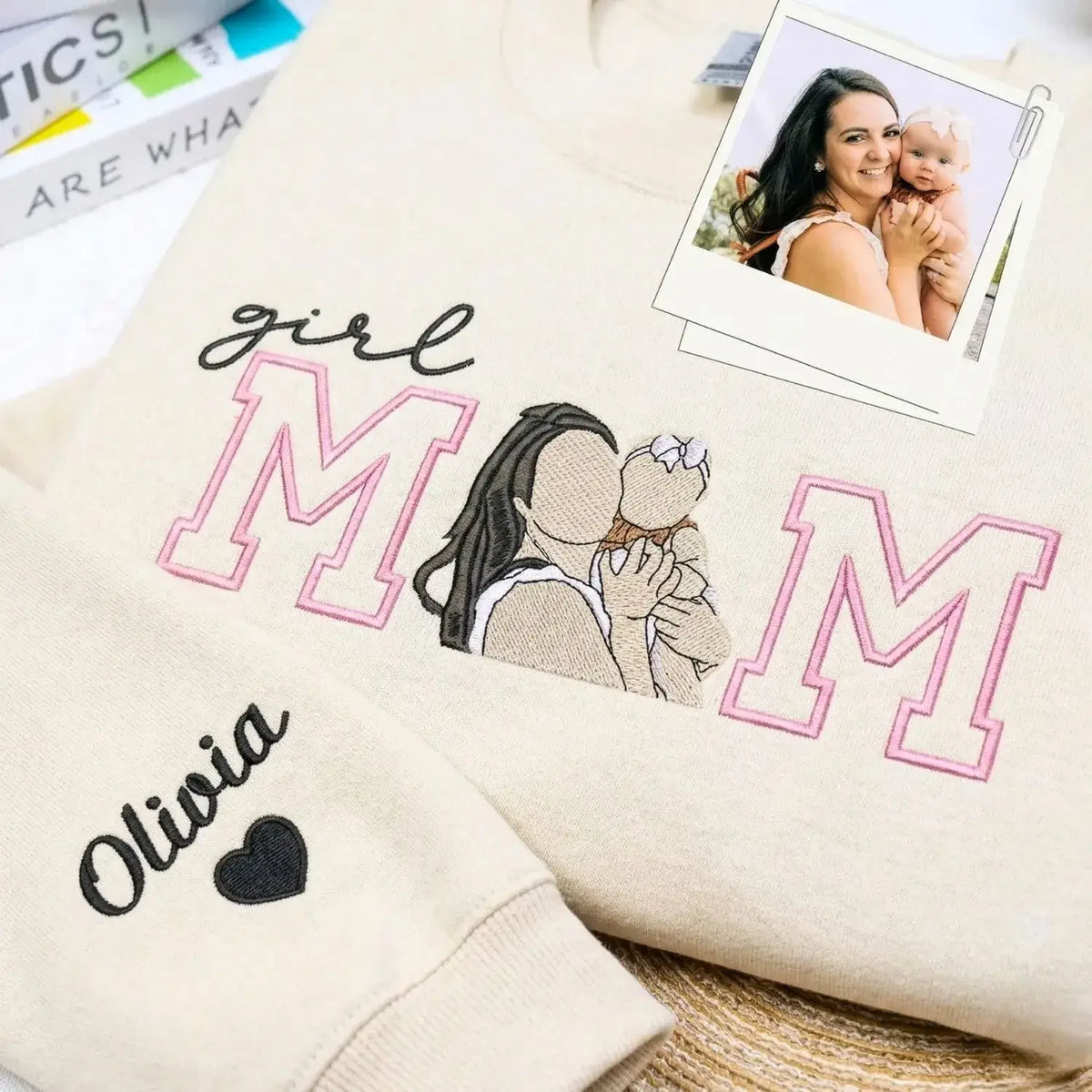 Custom embroidered mom hoodie with portrait from photo and kids names design on sweatshirt front detail