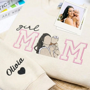 Custom embroidered mom hoodie with portrait from photo and kids names design on sweatshirt front detail