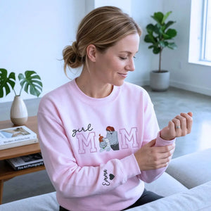 Custom embroidered mom hoodie with portrait from photo and kids names design on sweatshirt front detail