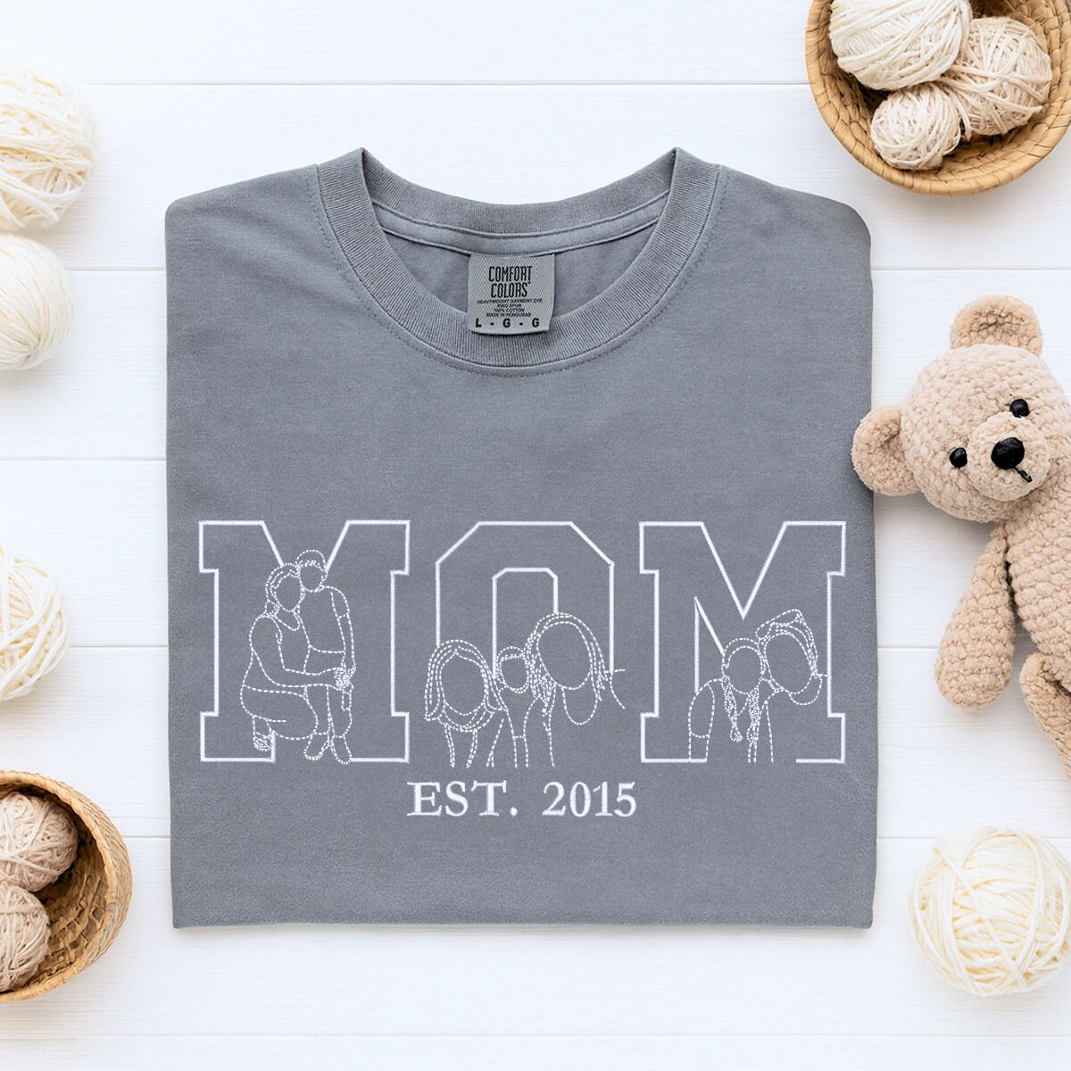 Custom embroidered mom shirt with photo portrait on front and personalized name on sleeve – gift for Mother’s Day or birthday.