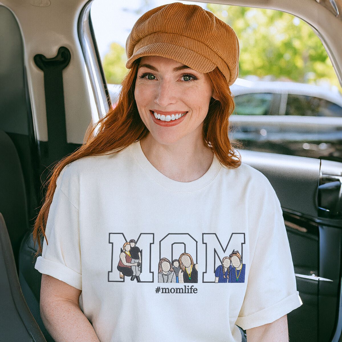 Custom embroidered mom shirt with photo portrait on front and personalized name on sleeve – gift for Mother’s Day or birthday.