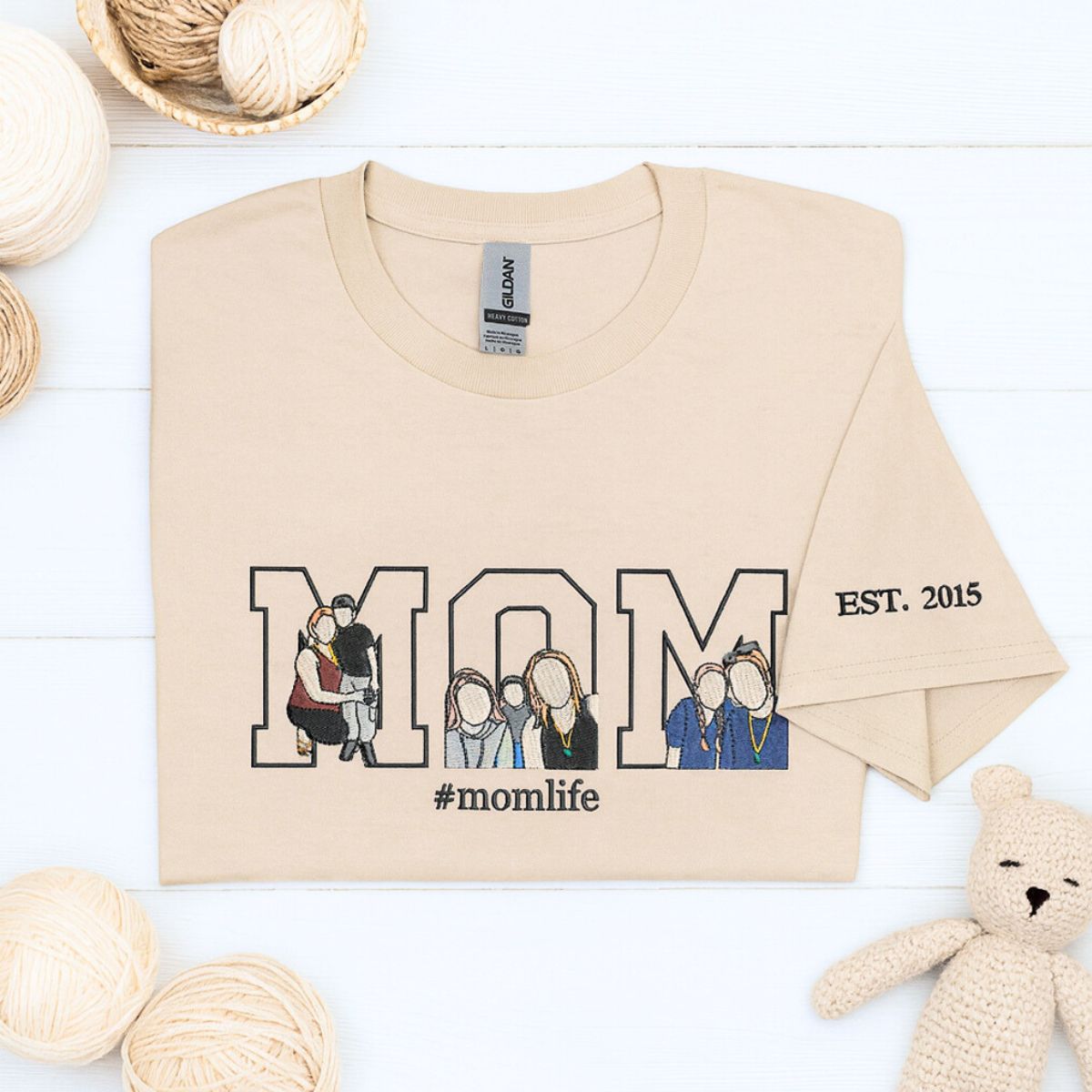 Custom embroidered mom shirt with photo portrait on front and personalized name on sleeve – gift for Mother’s Day or birthday.