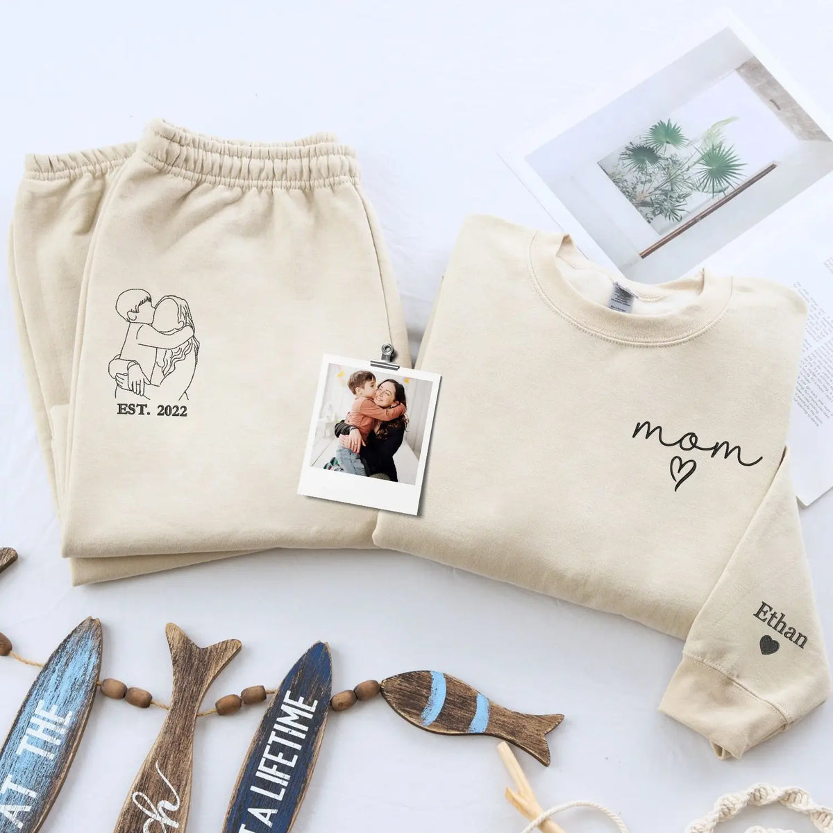 Personalized mom loungewear set with custom embroidered Mom EST portrait sweatshirt and sweatpants gift for new mom