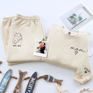 Personalized mom loungewear set with custom embroidered Mom EST portrait sweatshirt and sweatpants gift for new mom