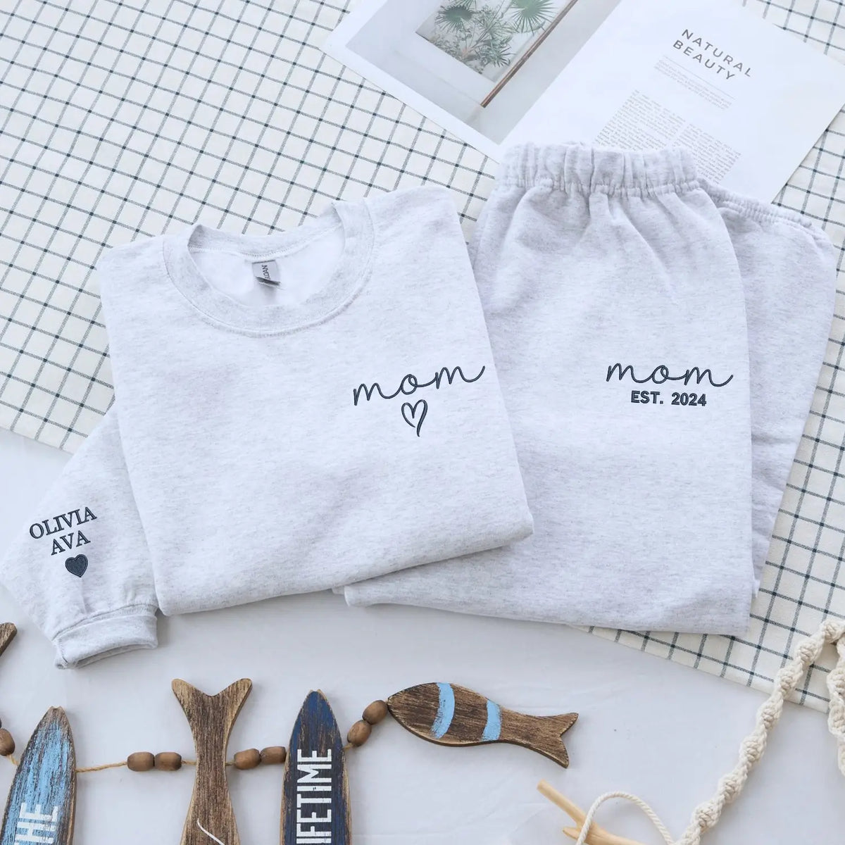 Personalized mom loungewear set with custom embroidered Mom EST portrait sweatshirt and sweatpants gift for new mom