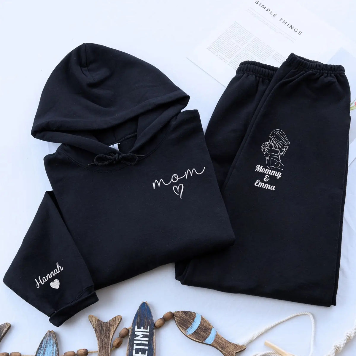 Personalized mom loungewear set with custom embroidered Mom EST portrait sweatshirt and sweatpants gift for new mom