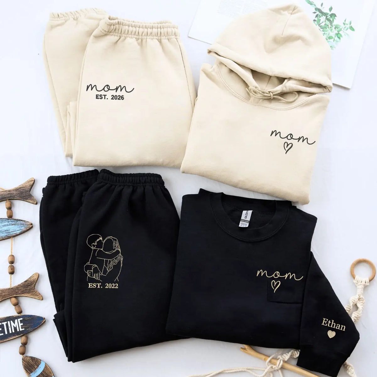 Personalized mom loungewear set with custom embroidered Mom EST portrait sweatshirt and sweatpants gift for new mom