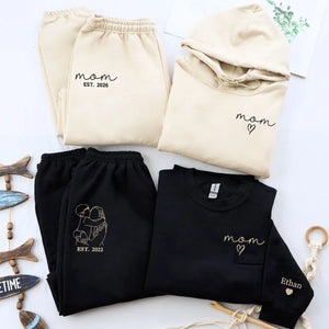 Personalized mom loungewear set with custom embroidered Mom EST portrait sweatshirt and sweatpants gift for new mom