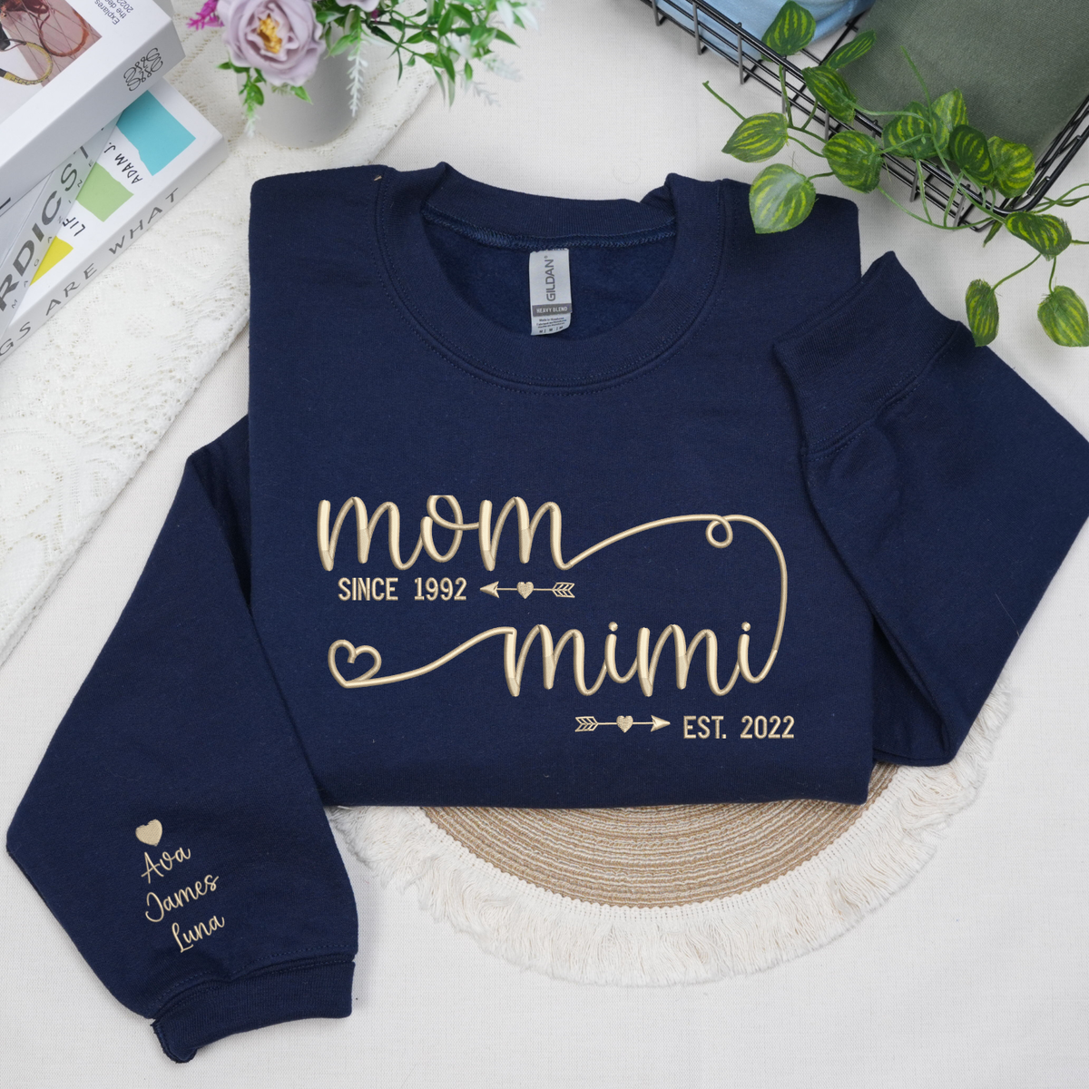 personalized mimi sweatshirt with embroidered kids names on sleeve gift for grandma