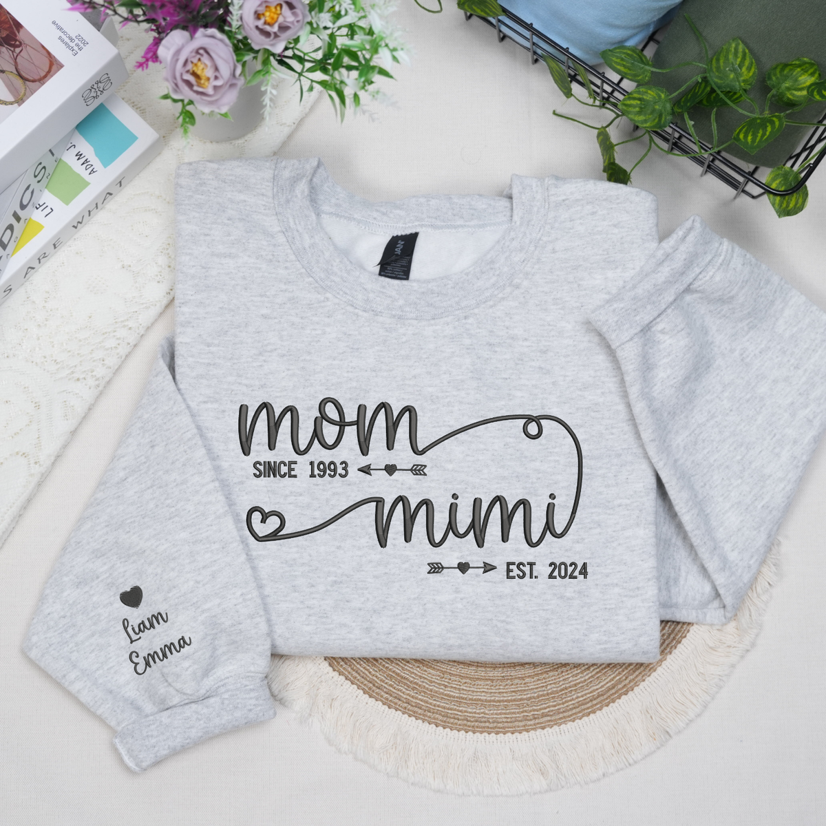 personalized mimi sweatshirt with embroidered kids names on sleeve gift for grandma