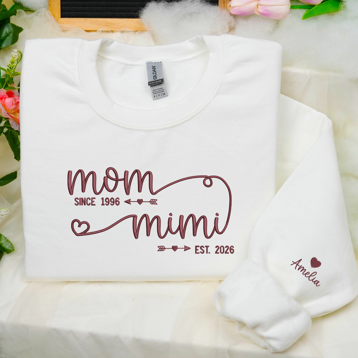 personalized mimi sweatshirt with embroidered kids names on sleeve gift for grandma