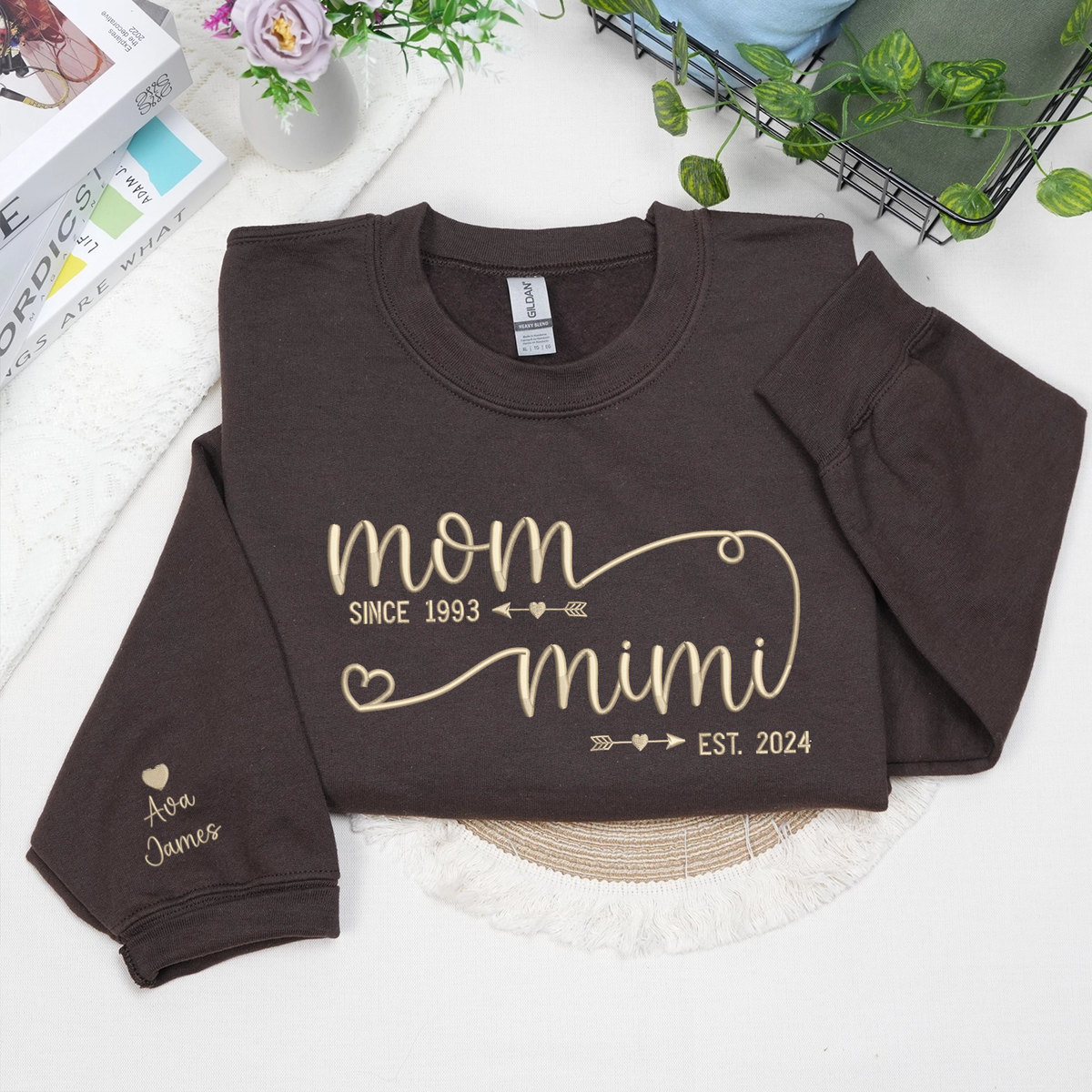 personalized mimi sweatshirt with embroidered kids names on sleeve gift for grandma