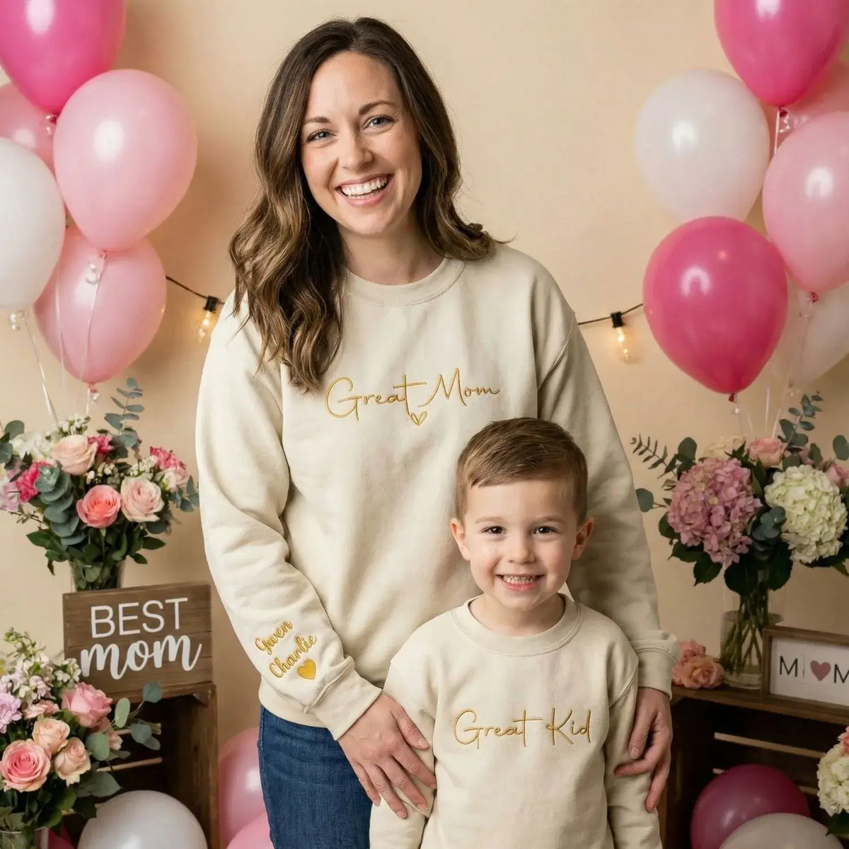 Personalized mom sweatshirt with kids names custom embroidered cozy family gift for mom or grandma