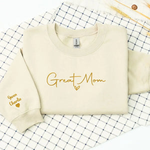 Personalized mom sweatshirt with kids names custom embroidered cozy family gift for mom or grandma