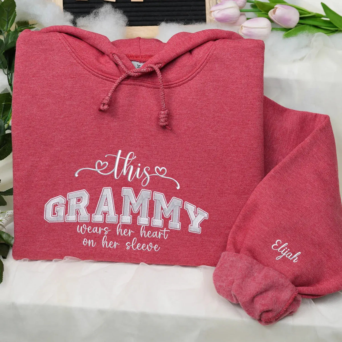 personalized grandma sweatshirt embroidered with grandkids names on sleeve