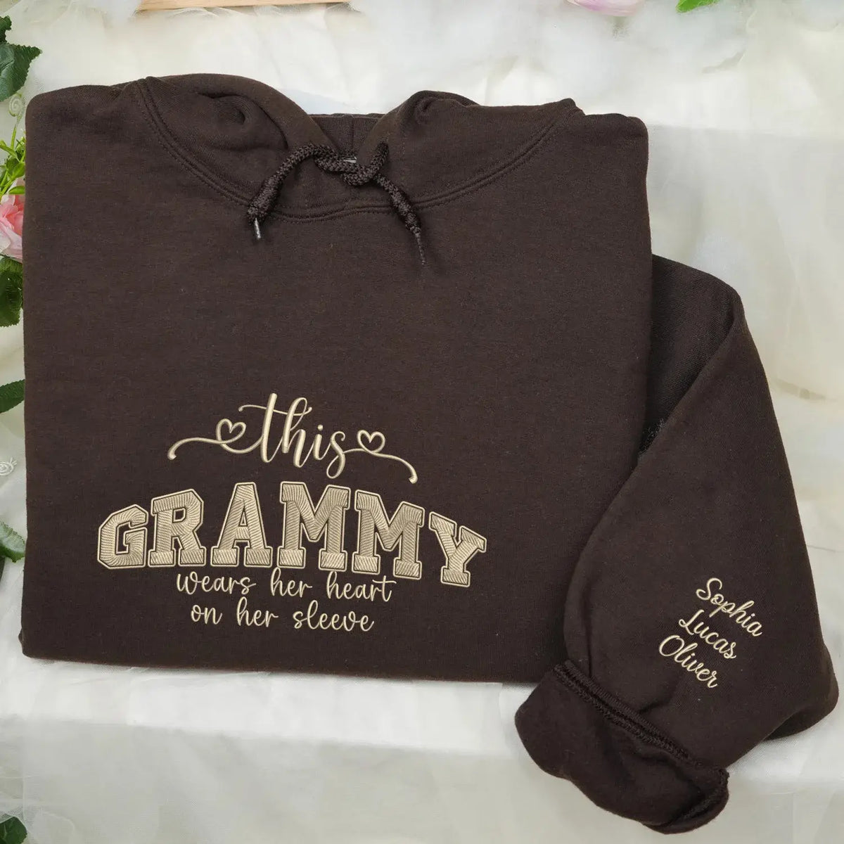 personalized grandma sweatshirt embroidered with grandkids names on sleeve