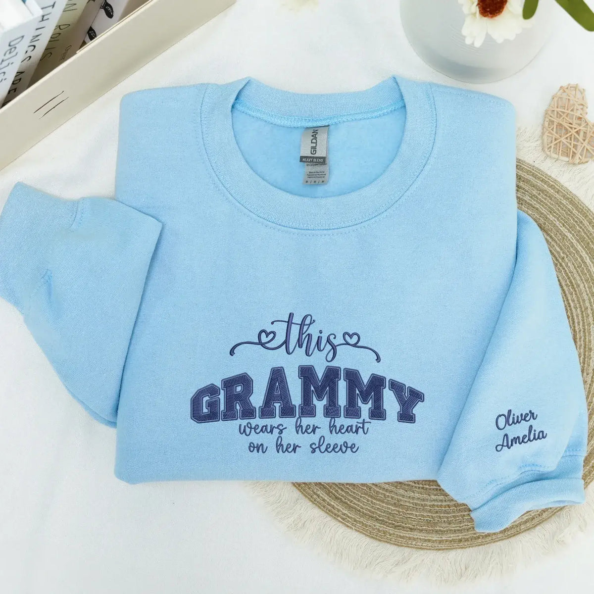 personalized grandma sweatshirt embroidered with grandkids names on sleeve